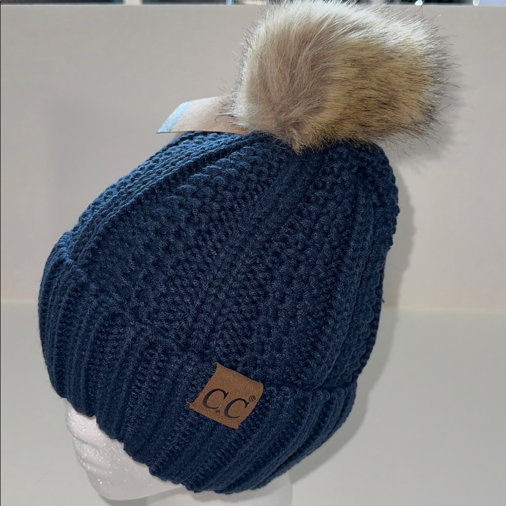 C.C  Navy Knit Pom-Pom Beanie Fuzzy Fleece - Picture 3 of 5